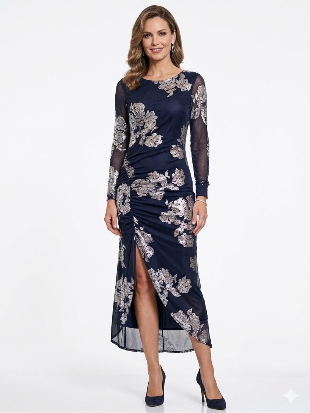 😍 S.C. Society Women's Floral Midi Dress Blue & Silver Size 6